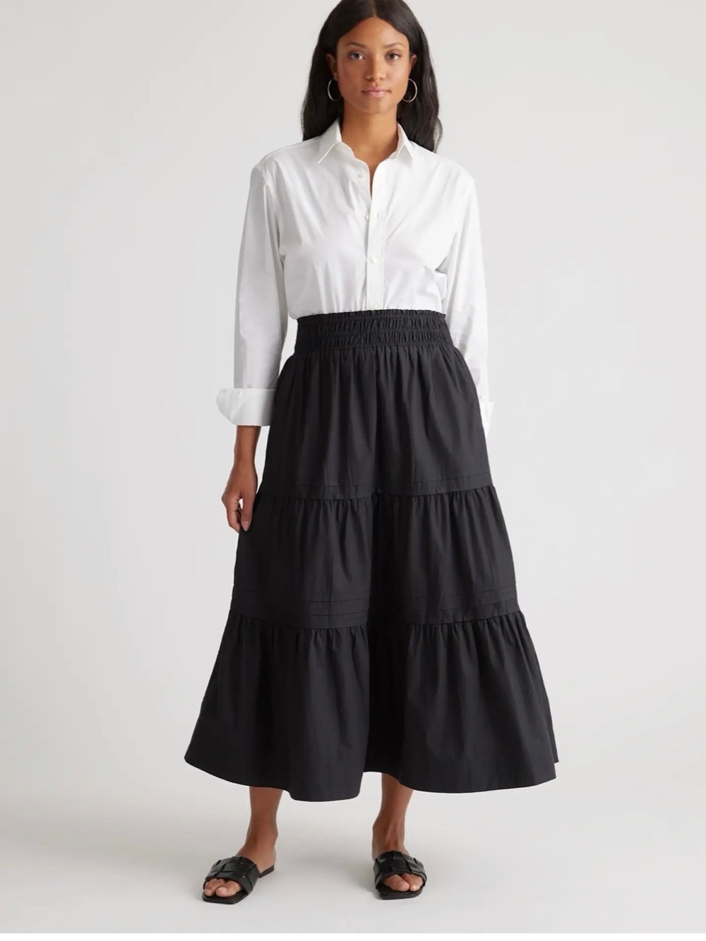 Quince Organic Cotton Poplin Tiered Maxi Skirt Sz large Black